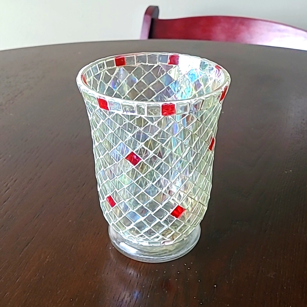 Mosaic candle holder red clear iridescent Large candle holder Unique variations